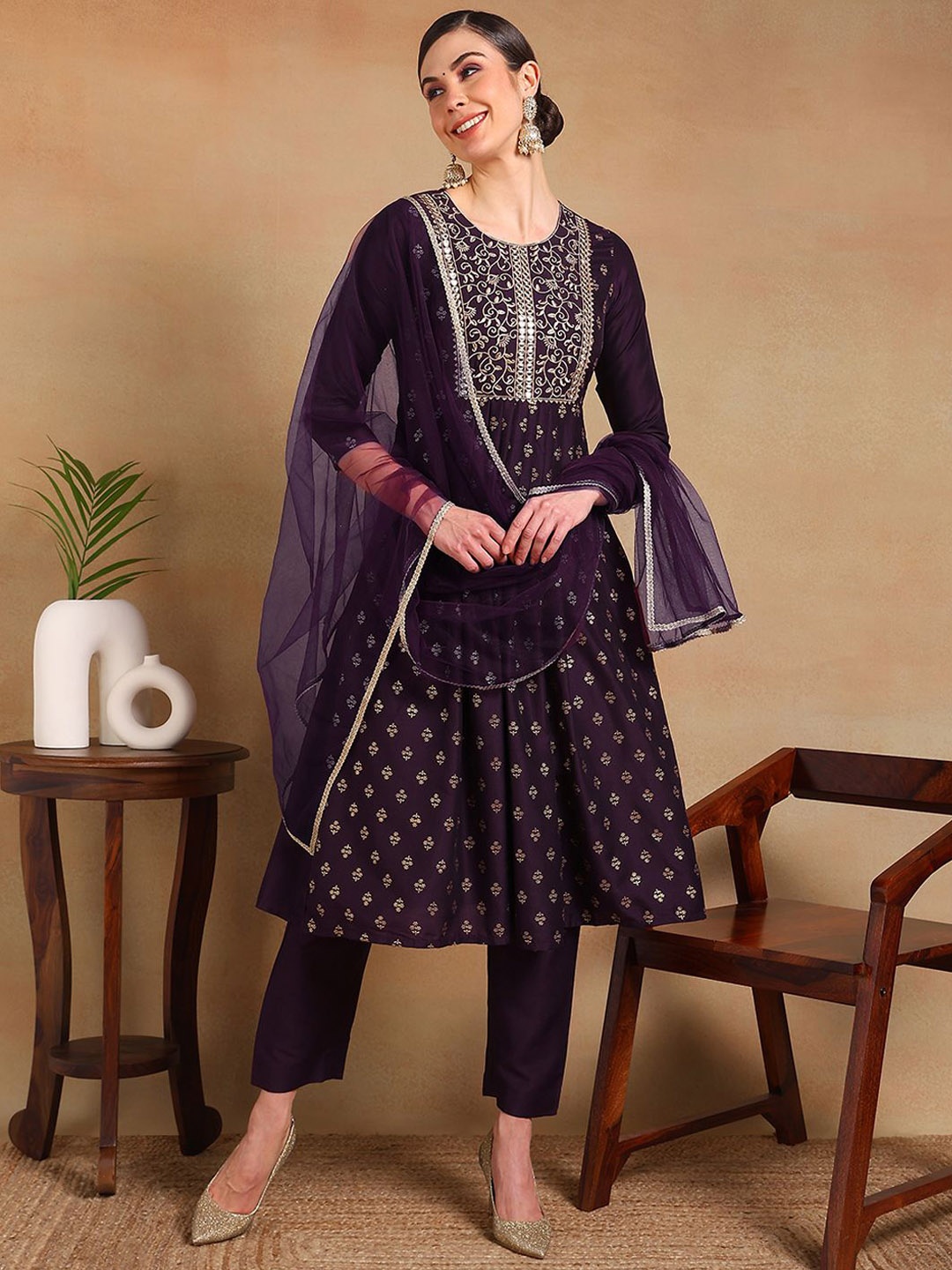 KALINI Floral Printed Empire Mirror Work Kurta with Trousers & Dupatta, Purple