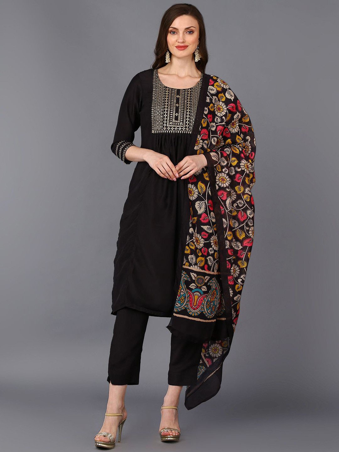 

KALINI Ethnic Motifs Yoke Design Regular Kurta with Trousers & Dupatta, Black