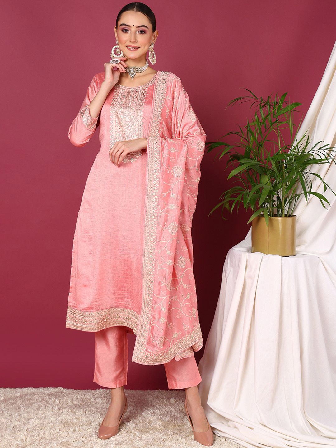 

KALINI Yoke Design Regular Kurta with Trousers & With Dupatta, Pink