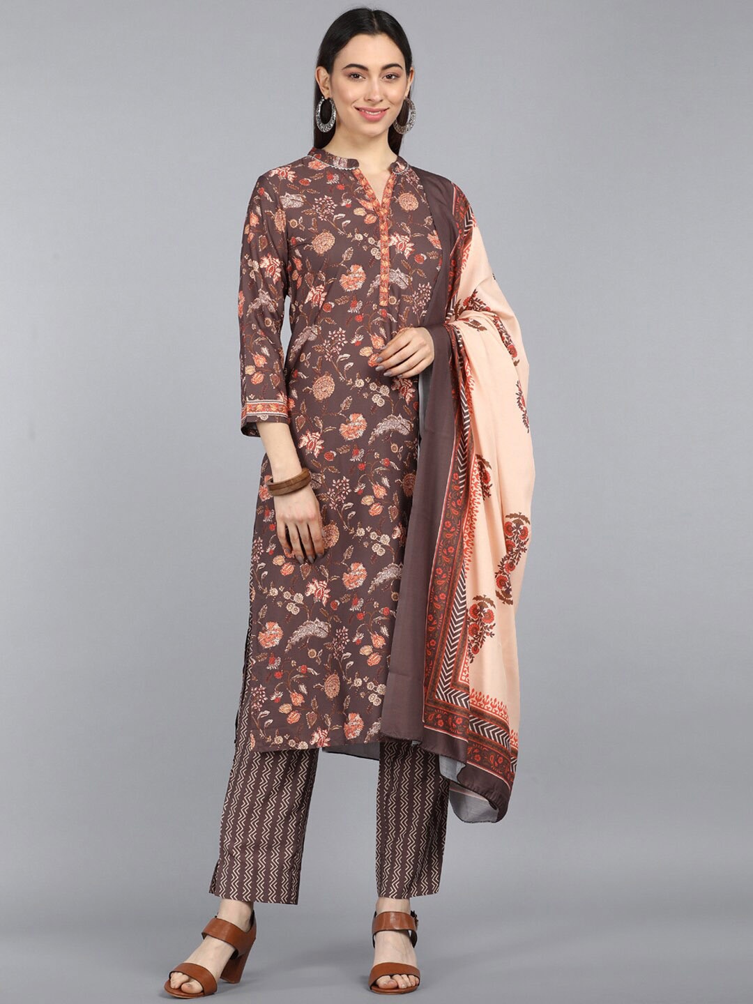 

KALINI Floral Printed Mandarin Collar Straight Kurta with Trousers & With Dupatta, Brown