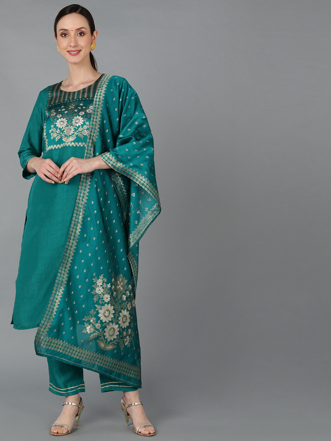 

KALINI Floral Woven Design Jacquard Straight Kurta With Trousers & Dupatta, Teal