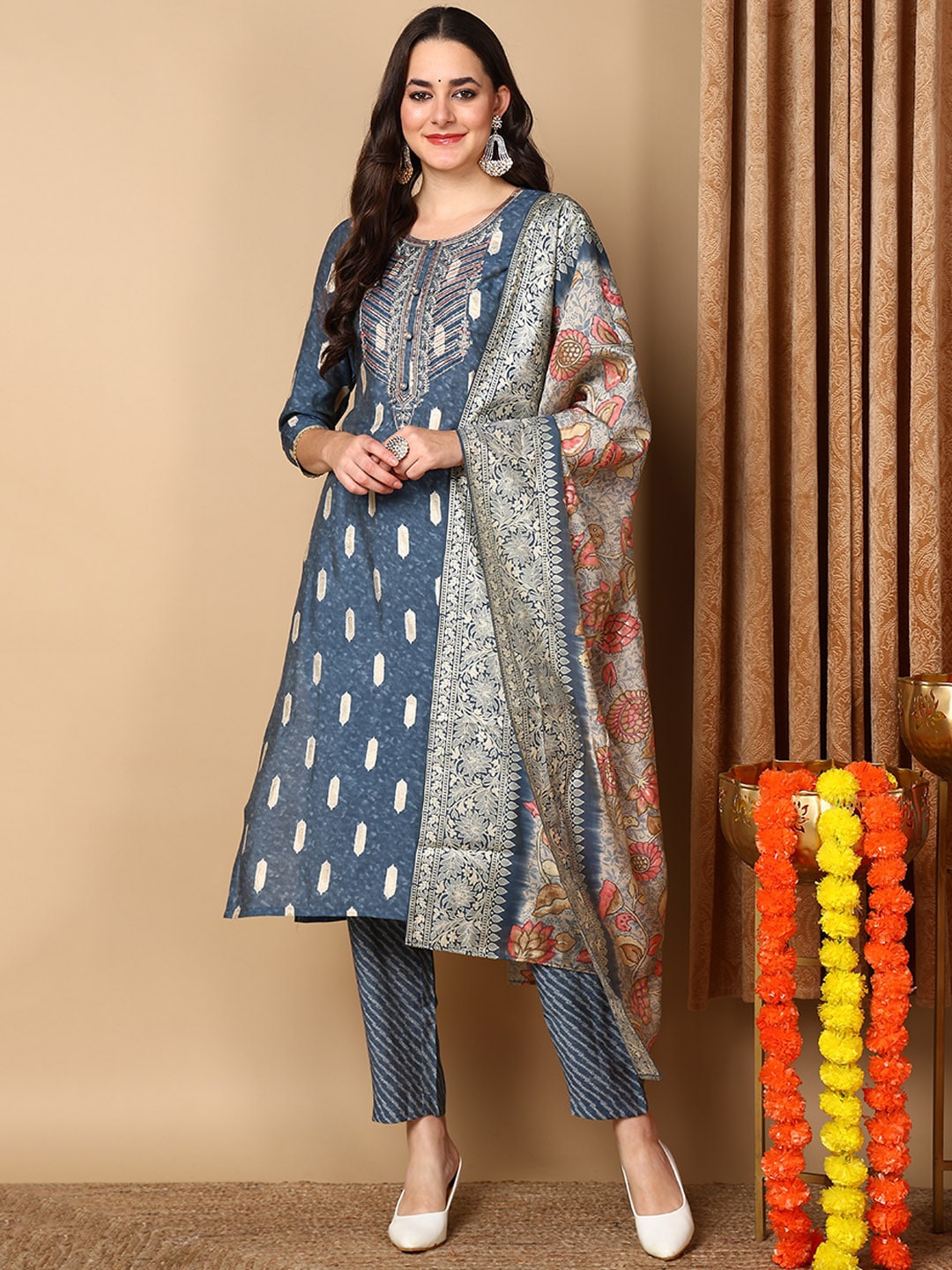 

KALINI Ethnic Motifs Embroidered Regular Kurta with Trousers & Dupatta, Blue