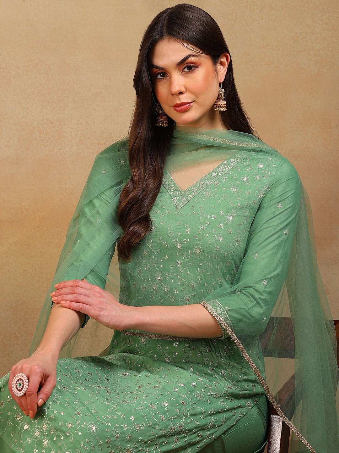 

KALINI Floral Embroidered Regular Sequinned Kurta with Trousers & Dupatta, Green