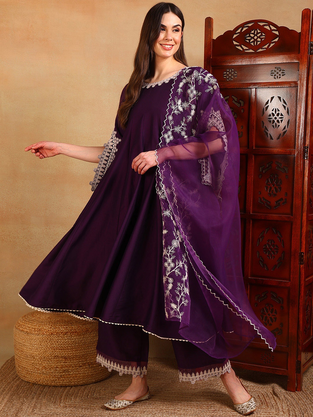 

KALINI Anarkali Thread Work Kurta with Trousers & With Dupatta, Purple