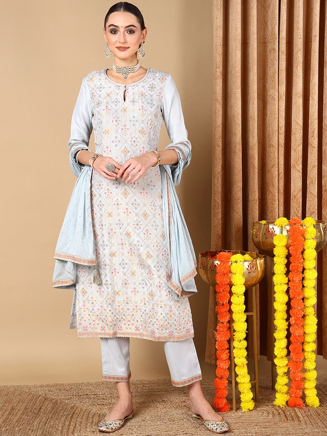 

KALINI Geometric Woven Design Gotta Patti Straight Kurta with Trousers & Dupatta, Blue
