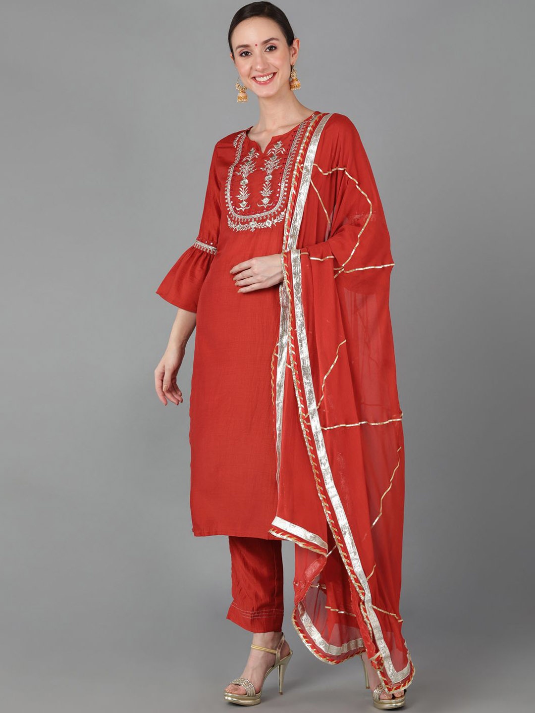 

KALINI Embroidered Regular Thread Work Kurta with Trousers & Dupatta, Rust