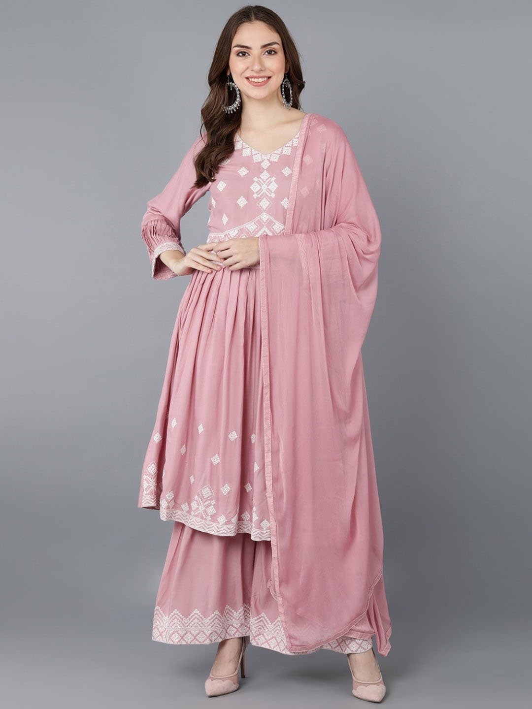 

KALINI Embroidered Pleated Thread Work Kurta with Sharara & Dupatta, Pink