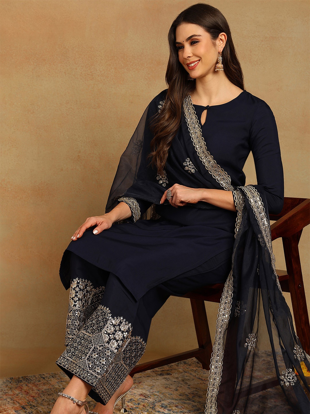 

KALINI Keyhole Neck Regular Kurta with Palazzos & With Dupatta, Navy blue