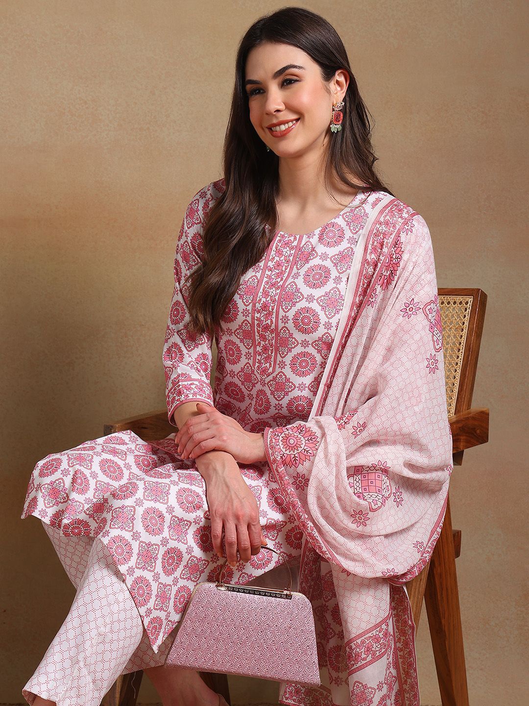 

KALINI Geometric Printed Regular Kurta with Trousers & With Dupatta, Off white