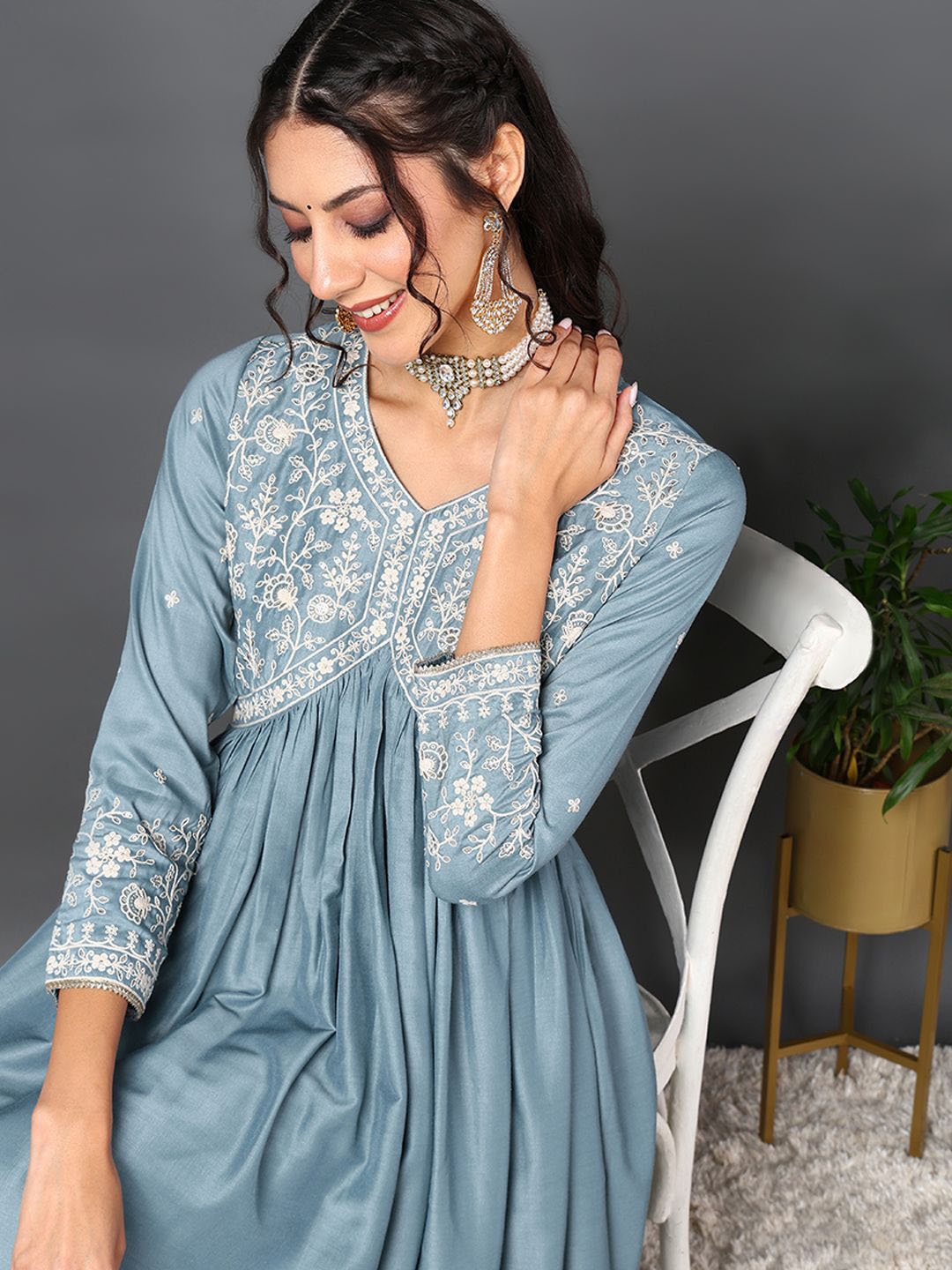 

KALINI Embroidered Pleated Thread Work Kurta with Trousers & Dupatta, Blue