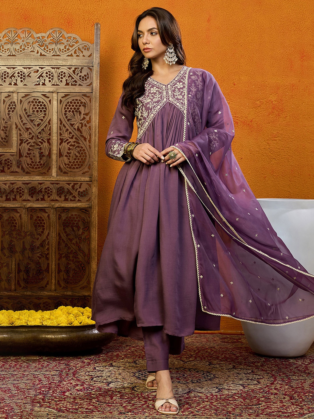 

KALINI Ethnic Motifs Embroidered Empire Thread Work Kurta with Trousers & Dupatta, Purple