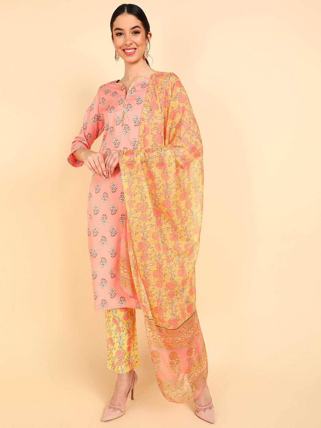 

KALINI Floral Printed Notched Neck Straight Kurta with Trousers & With Dupatta, Peach