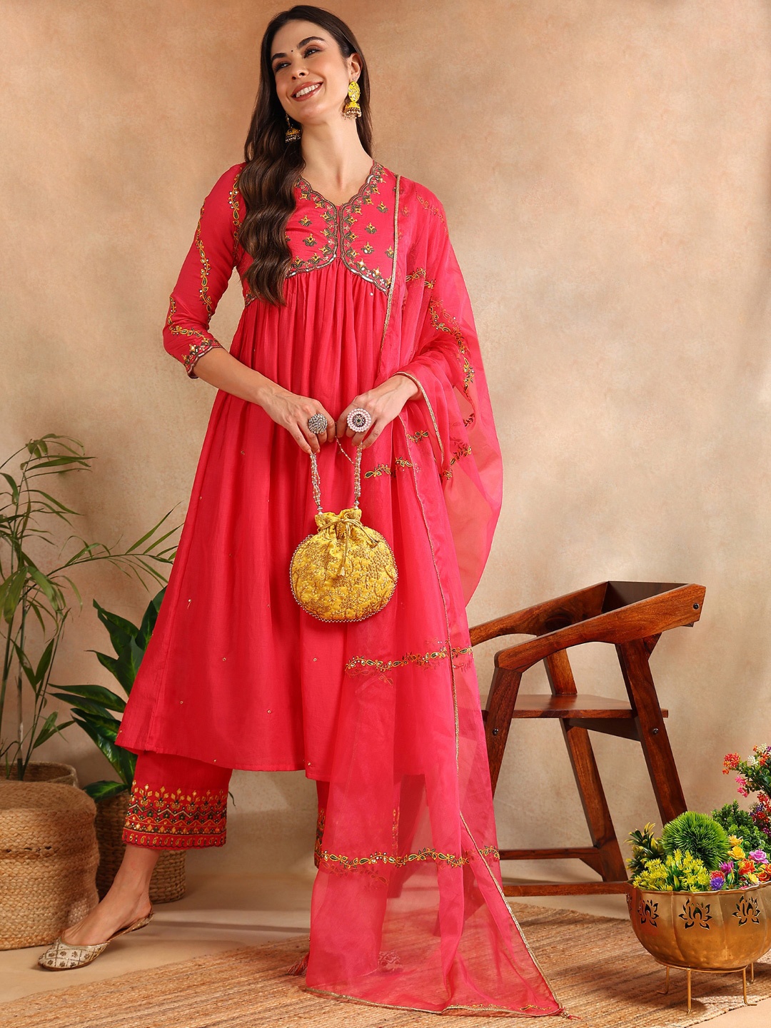 

KALINI Floral Embroidered V-Neck Empire Anarkali Kurta with Trousers & Dupatta, Pink