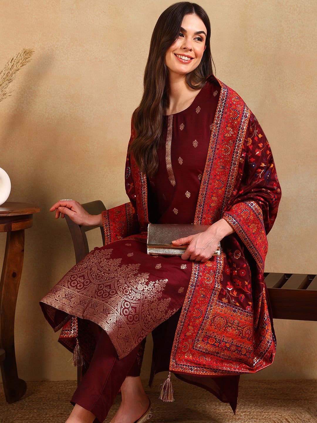 

KALINI Ethnic Motifs Regular Chanderi Silk Kurta with Trousers & Dupatta, Maroon