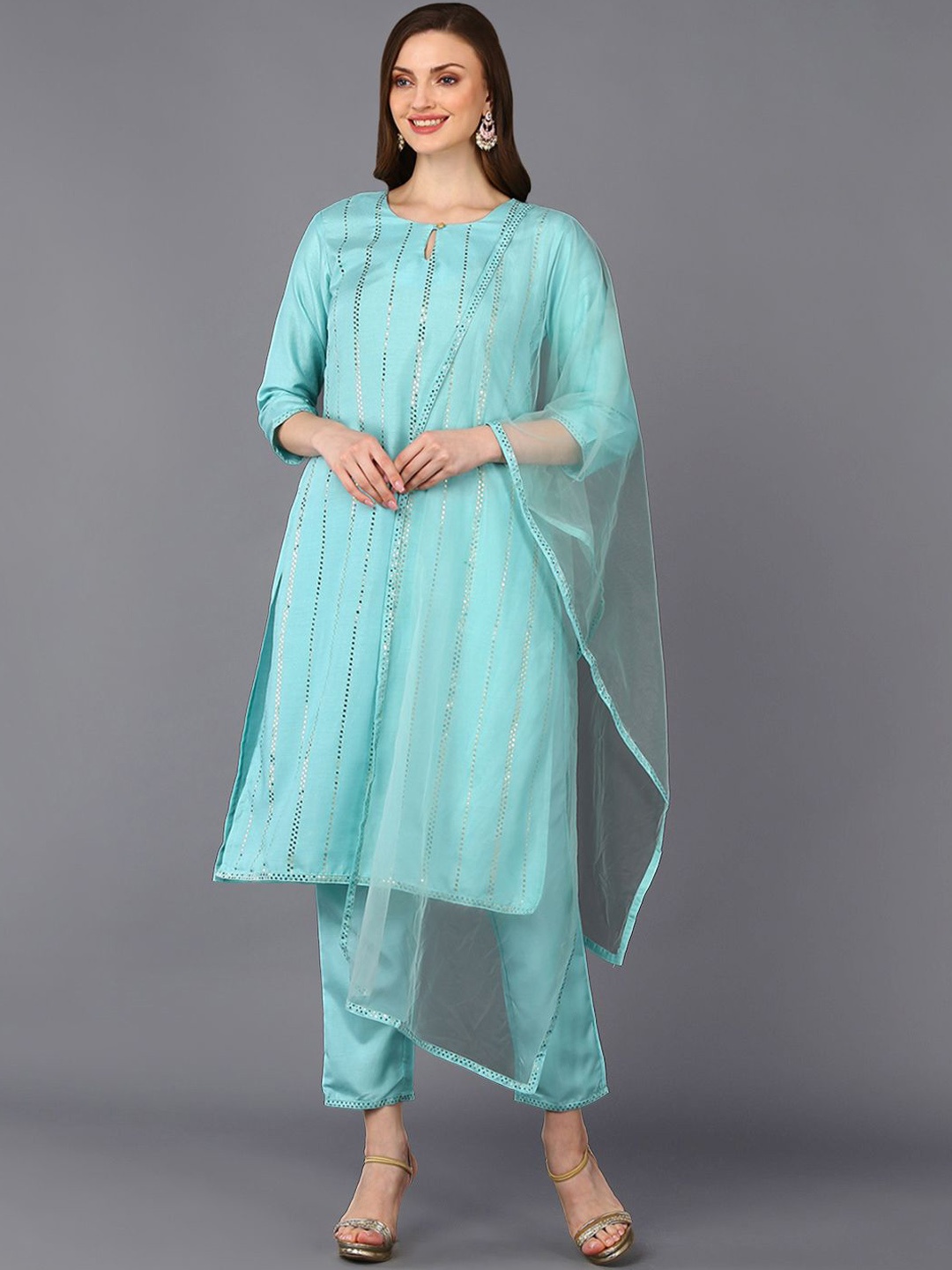 

KALINI Striped Regular Beads and Stones Kurta with Trousers & With Dupatta, Turquoise blue