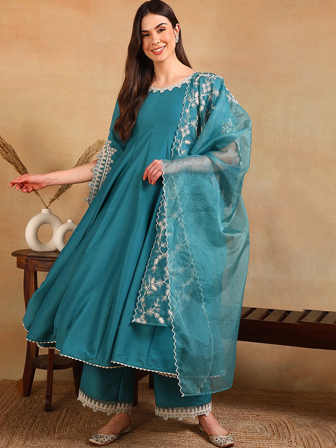 

KALINI Round Neck Thread Work Kurta with Trousers & With Dupatta, Blue