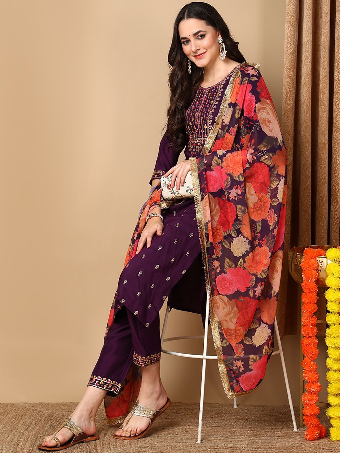 

KALINI Ethnic Motifs Embroidered Regular Thread Work Kurta with Trousers & Dupatta, Purple