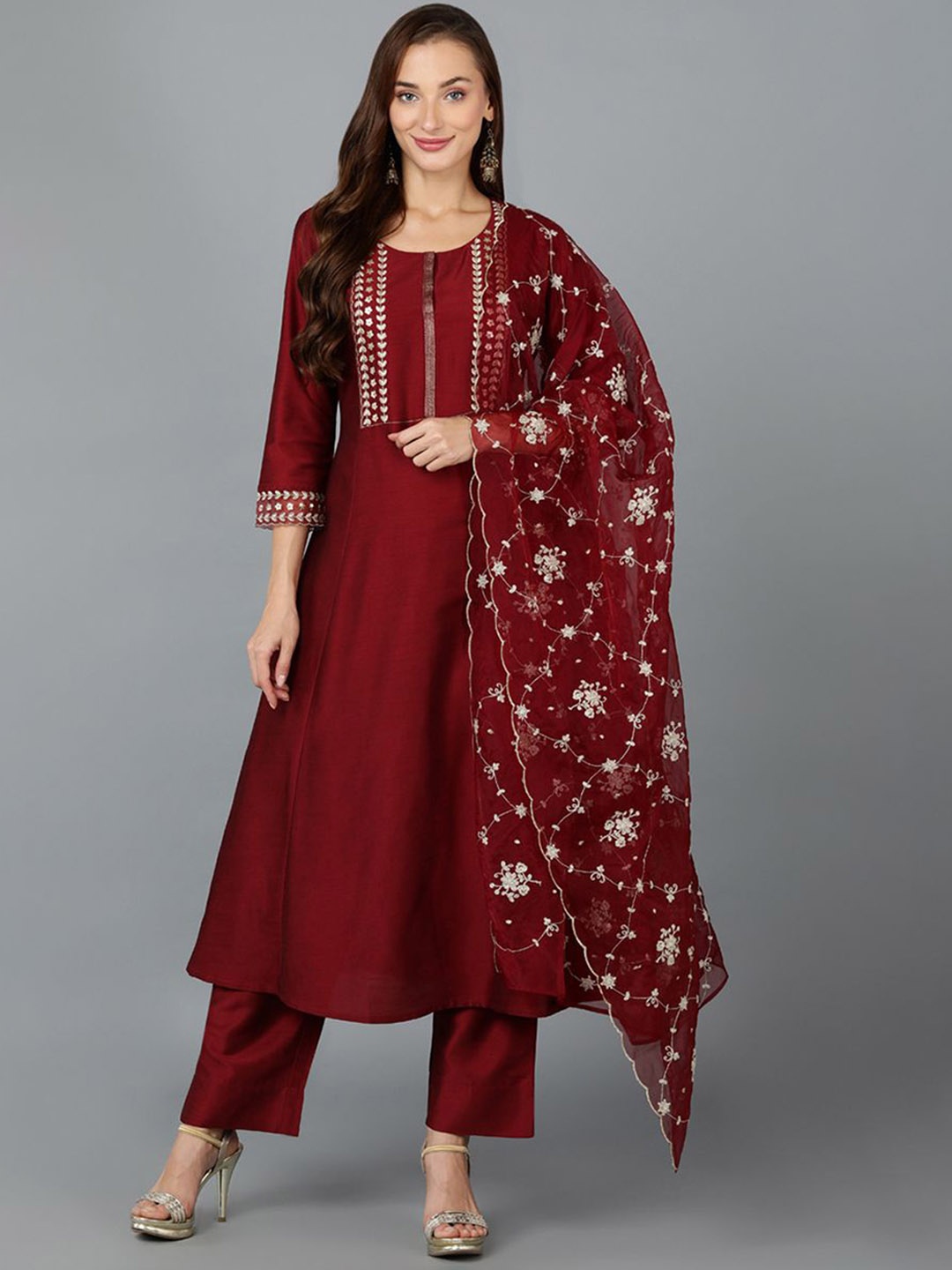

KALINI Yoke Design Regular Kurta with Trousers & With Dupatta, Maroon