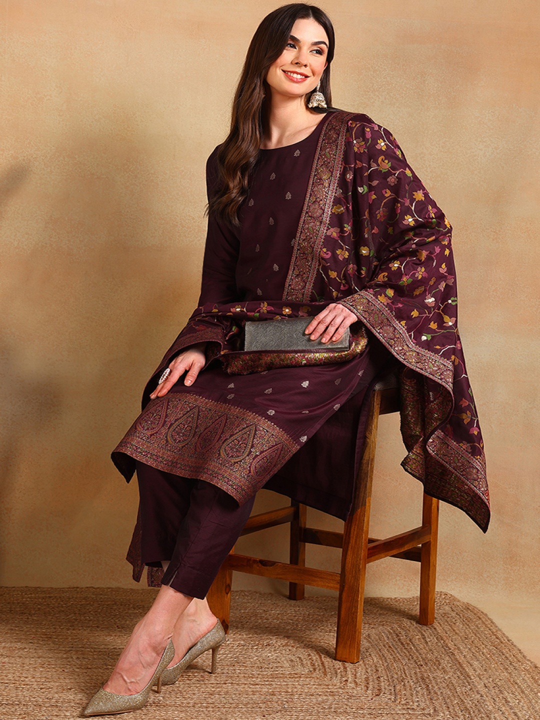 

KALINI Ethnic Motifs Woven Design Regular Kurta with Trousers & With Dupatta, Burgundy