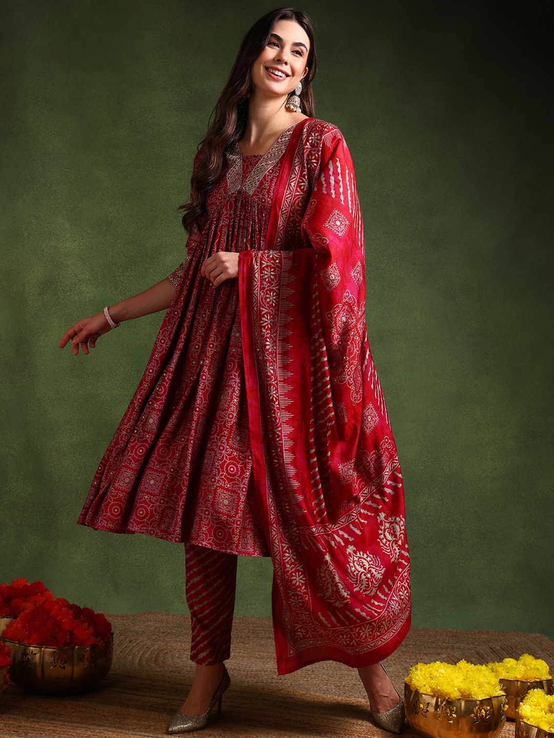 

KALINI Ethnic Motifs Printed Zari Empire Anarkali Kurta with Trousers & With Dupatta, Maroon