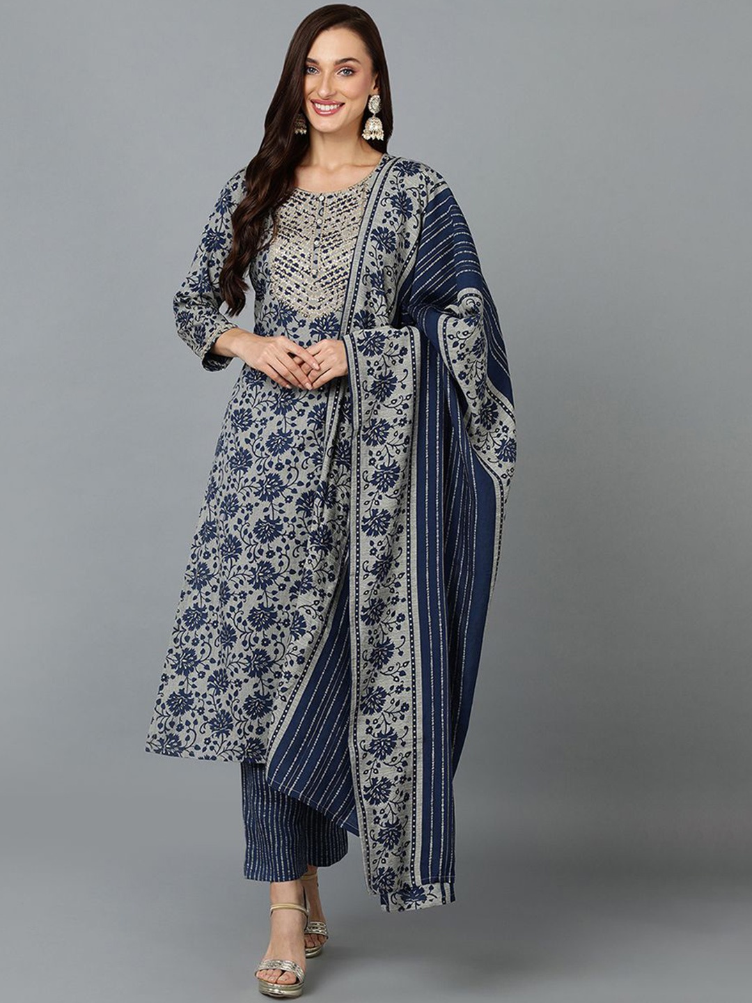 

KALINI Floral Embroidered Regular Kurta with Trousers & With Dupatta, Grey