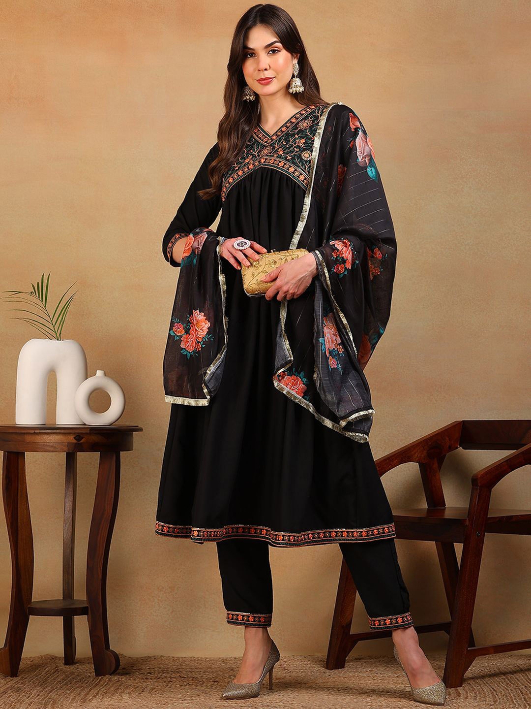 

KALINI Ethnic Motifs Embroidered Empire Thread Work Kurta with Trousers & Dupatta, Black