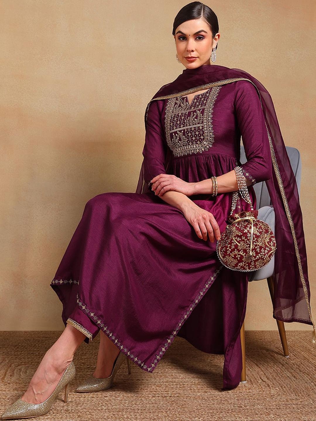 

KALINI Ethnic Motifs Yoke Design Empire Kurta with Trousers & Dupatta, Purple