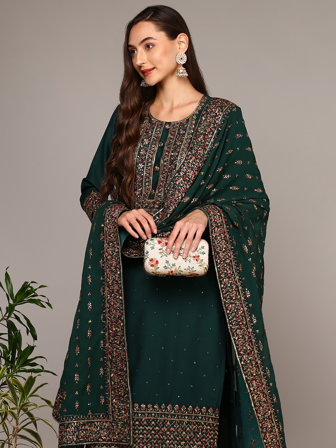 

KALINI Floral Embroidered Regular Thread Work Kurta with Trousers & With Dupatta, Green