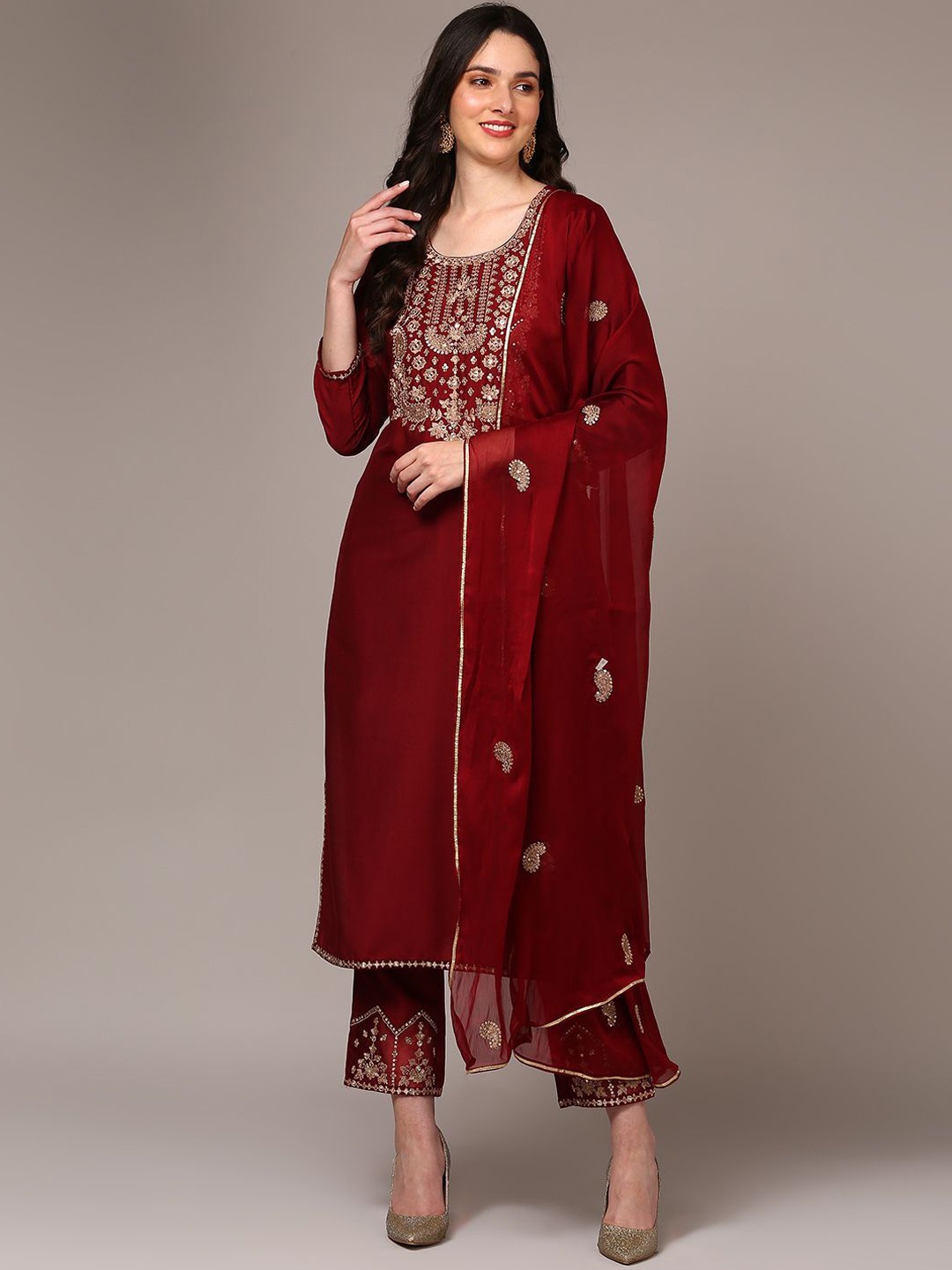 

KALINI Ethnic Motifs Embroidered Zari Straight Kurta with Trousers & With Dupatta, Maroon