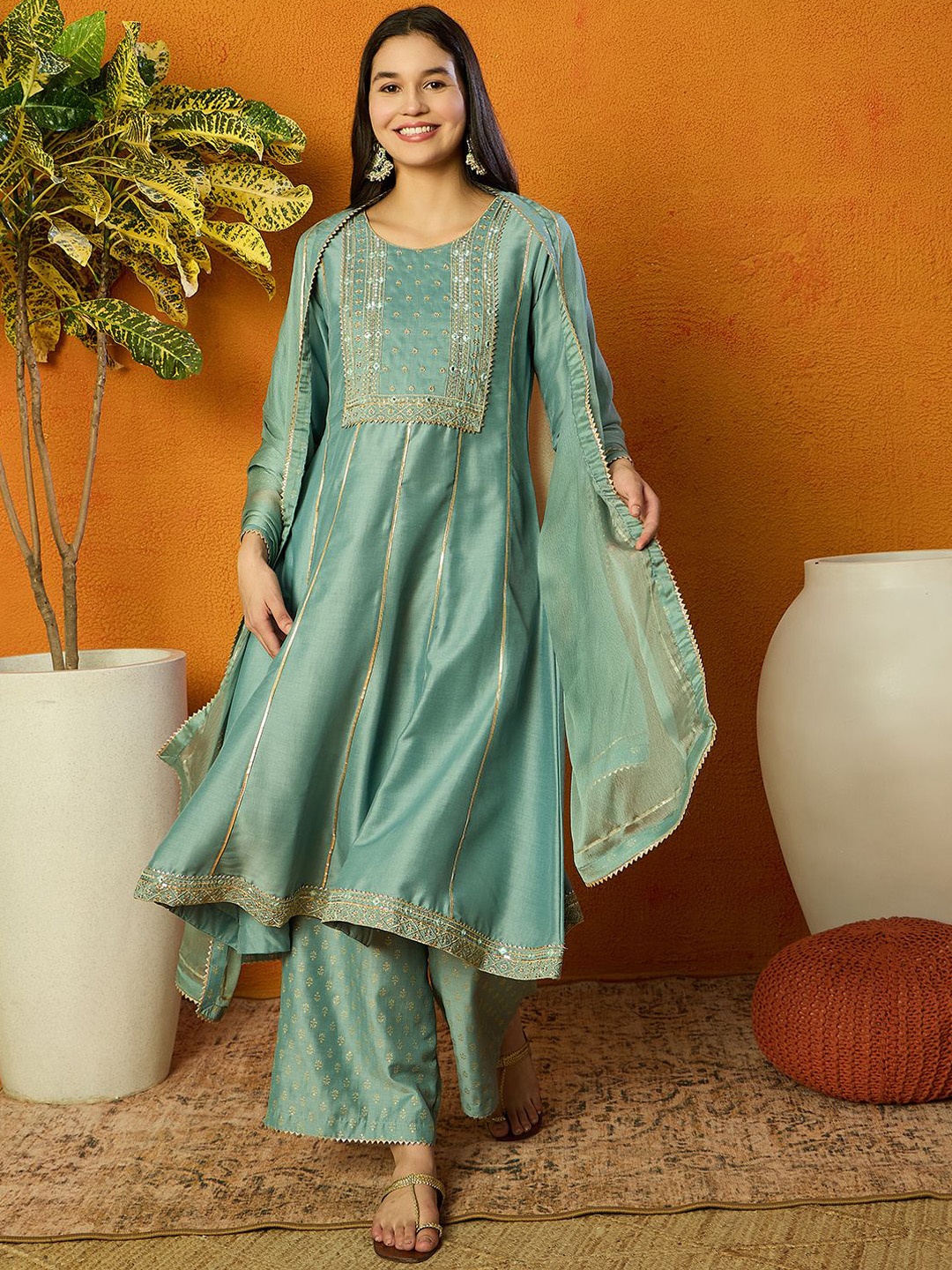 

KALINI Ethnic Motifs Embroidered Panelled Kurta with Palazzos & With Dupatta, Sea green