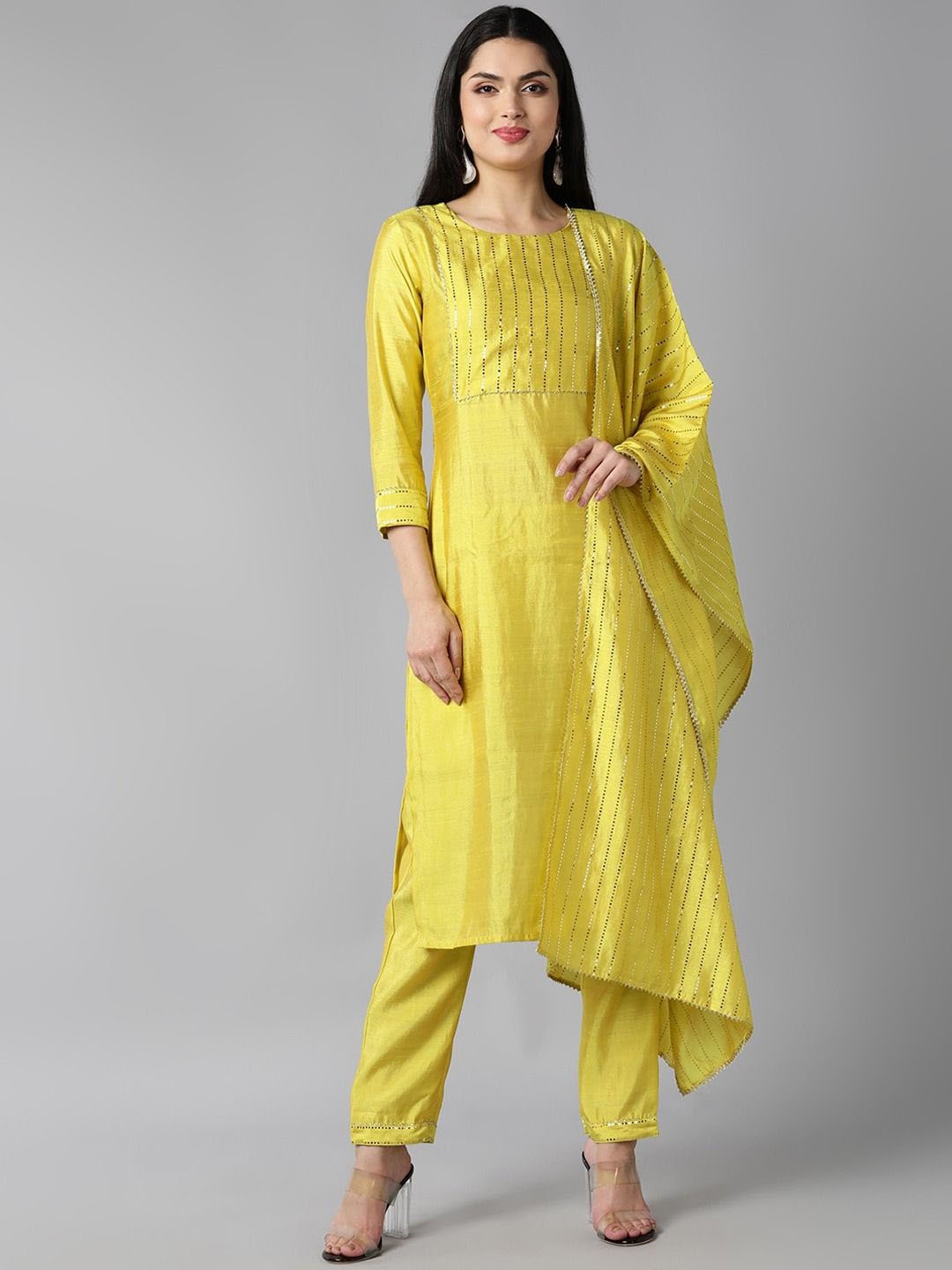 

KALINI Yoke Design Regular Patchwork Kurta with Trousers & Dupatta, Yellow