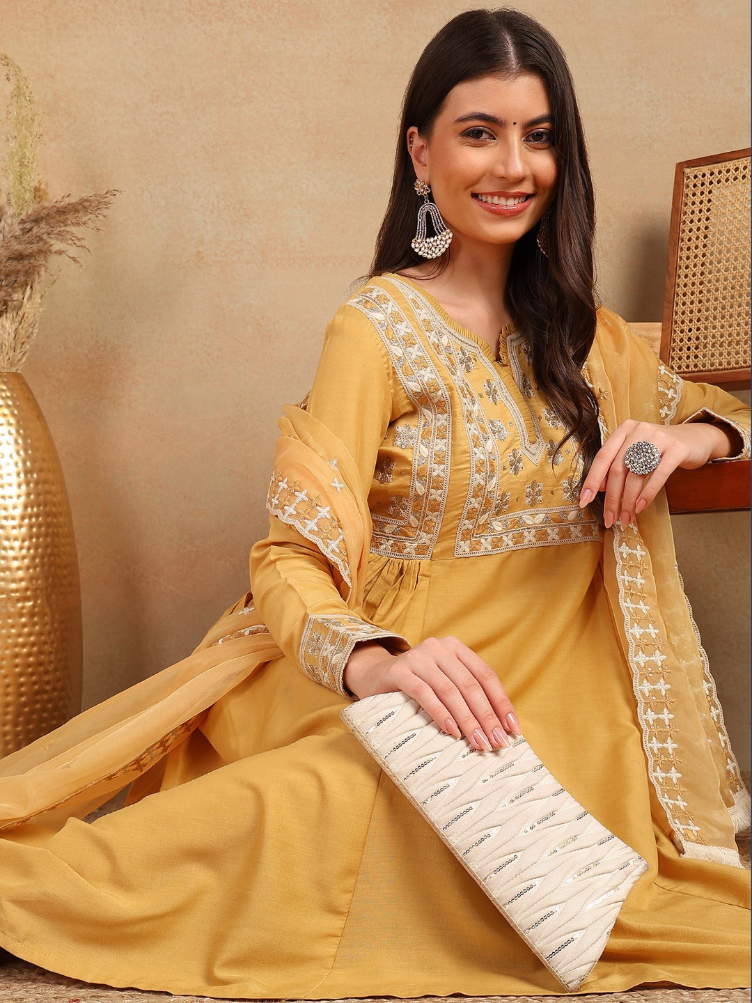 

KALINI Ethnic Motifs Embroidered Empire Thread Work Kurta with Trousers & Dupatta, Yellow