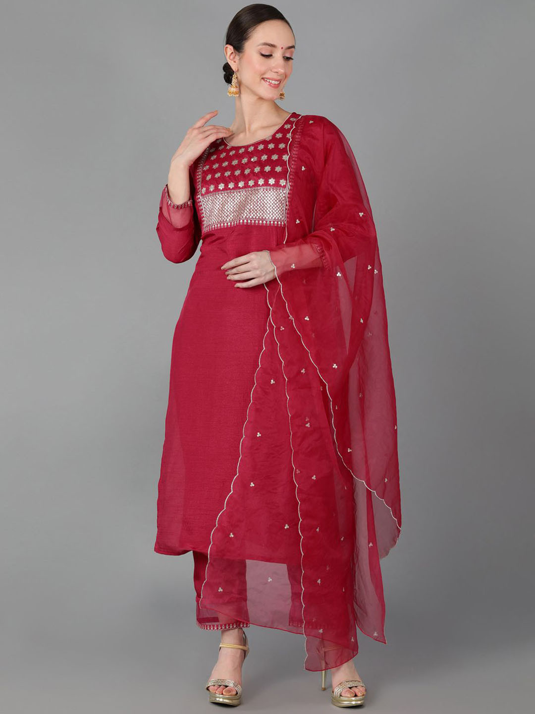 

KALINI Ethnic Motifs Embroidered Regular Sequinned Kurta with Trousers & With Dupatta, Red