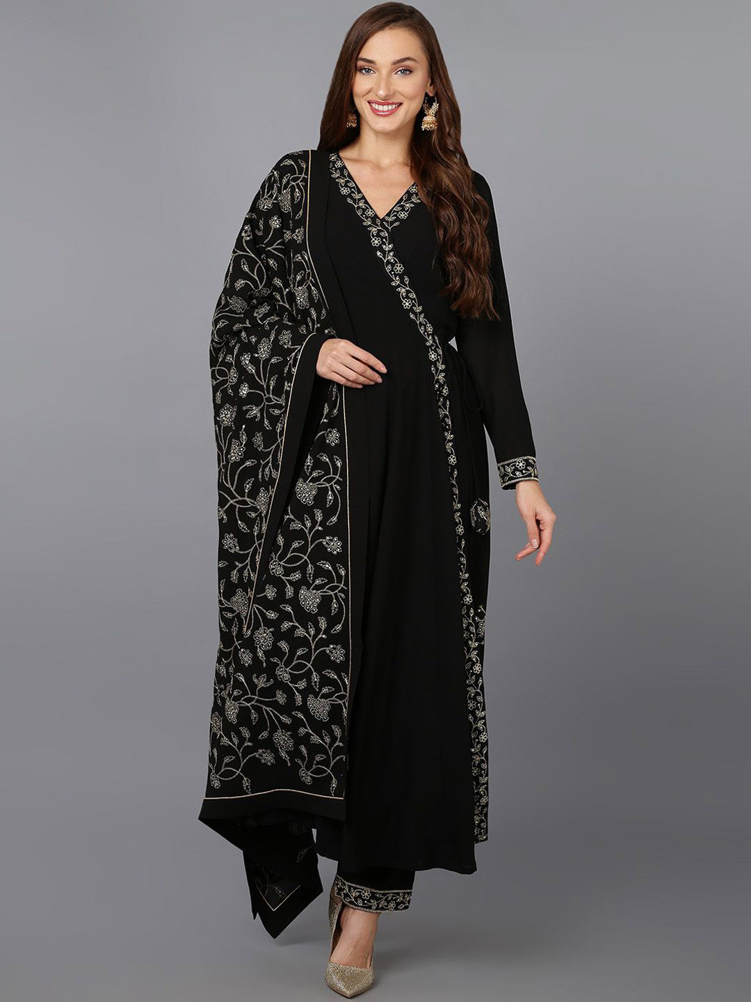 

KALINI Ethnic Motifs Embroidered Angrakha Kurta with Trousers & With Dupatta, Black
