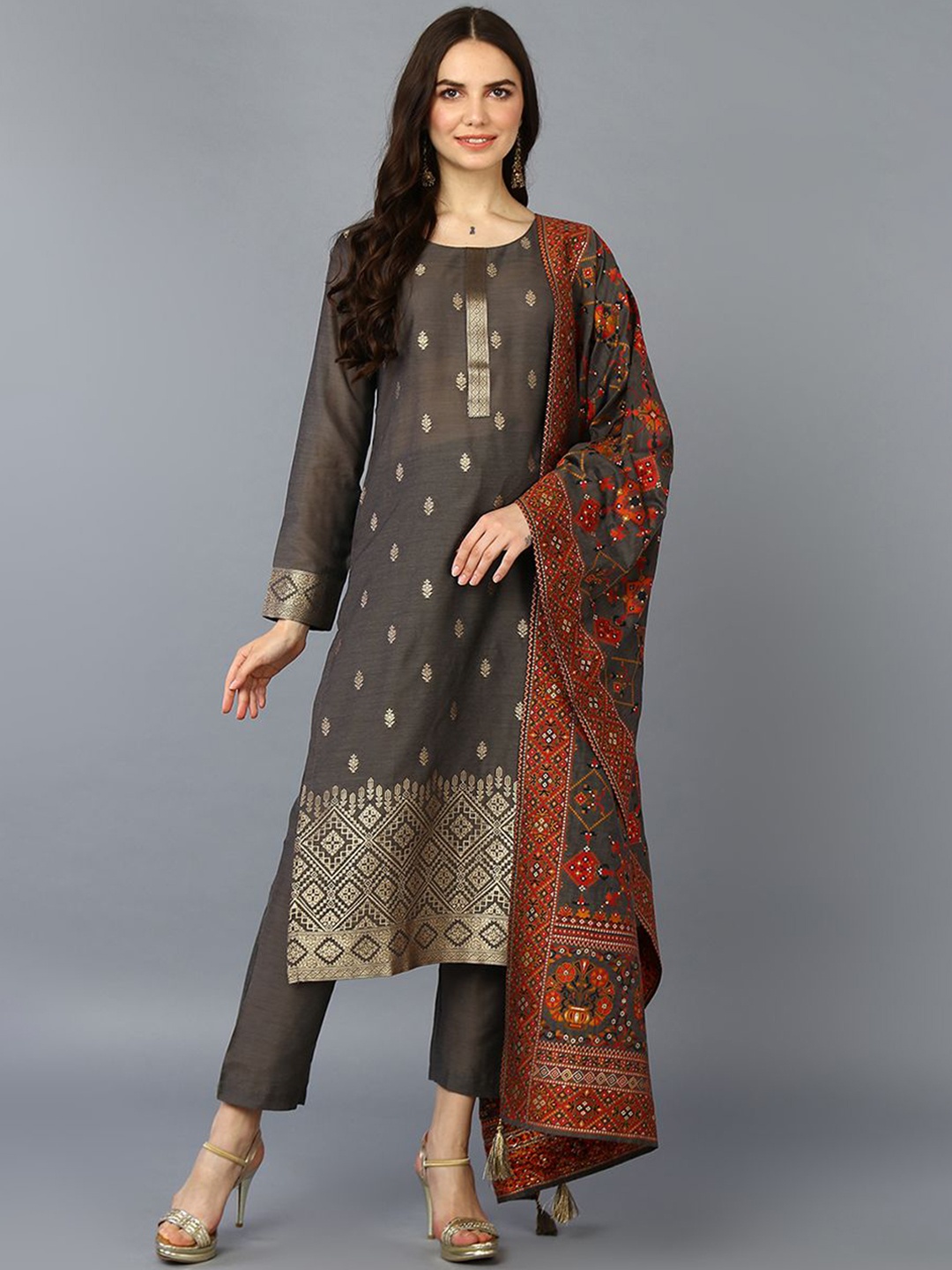 

KALINI Ethnic Motifs Woven Design Kurta with Trousers & Dupatta, Grey