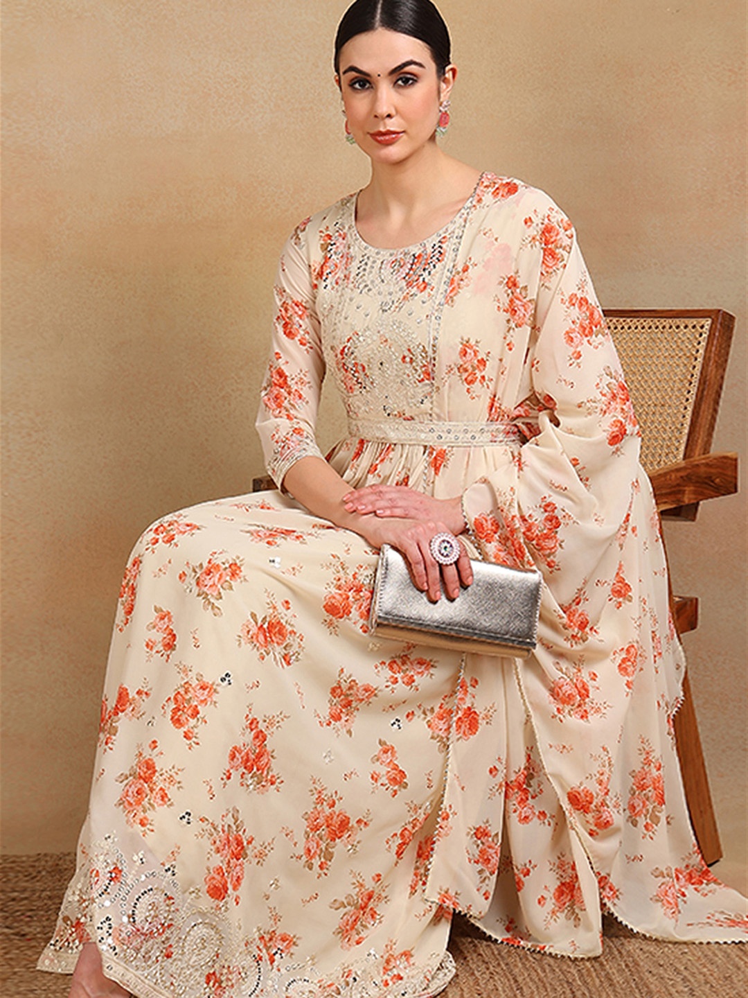 

KALINI Floral Printed Empire Sequinned Kurta with Trousers & With Dupatta, Off white