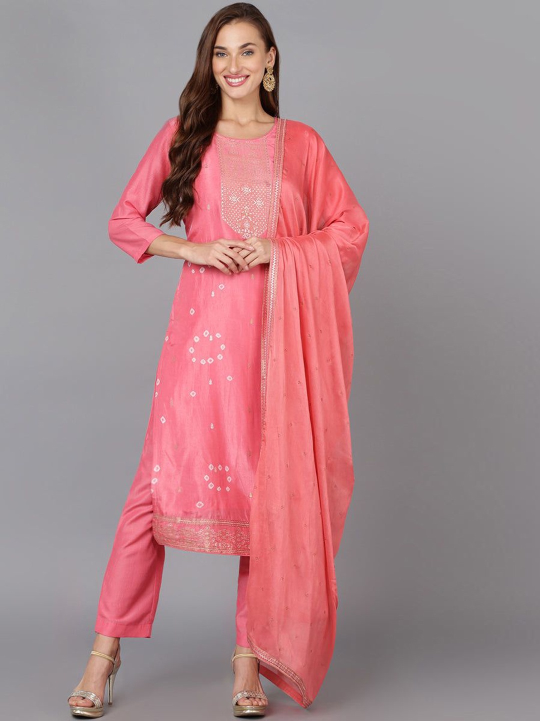 

KALINI Bandhani Woven Design Round Neck Straight Kurta with Trousers & With Dupatta, Pink