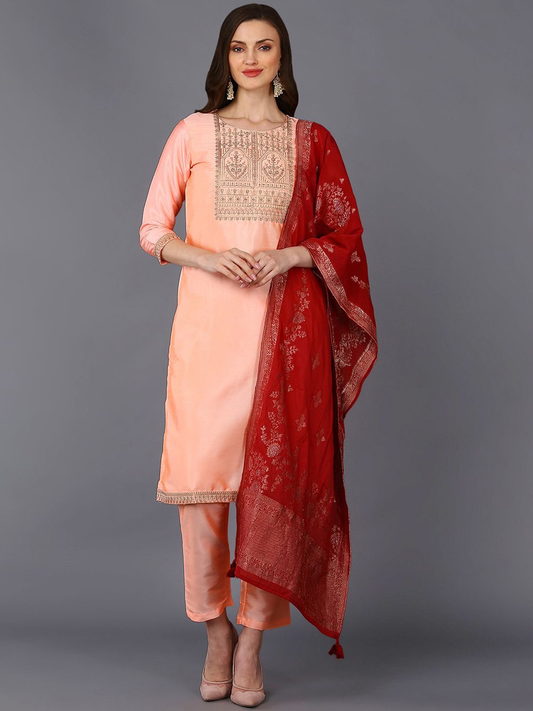 

KALINI Ethnic Motifs Yoke Design Regular Thread Work Kurta With Trousers & Dupatta, Peach