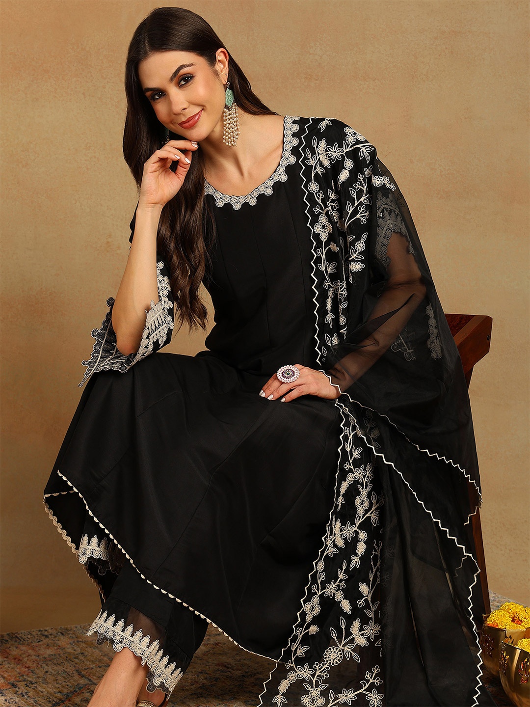 

KALINI Ethnic Motifs Embroidered Empire Thread Work Kurta with Palazzos & Dupatta, Black