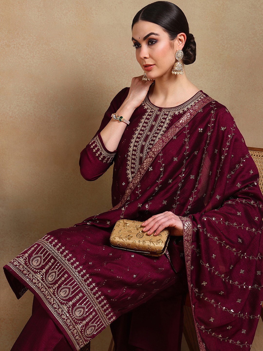 

KALINI Floral Embroidered Sequinned Kurta with Palazzo & Dupatta, Burgundy
