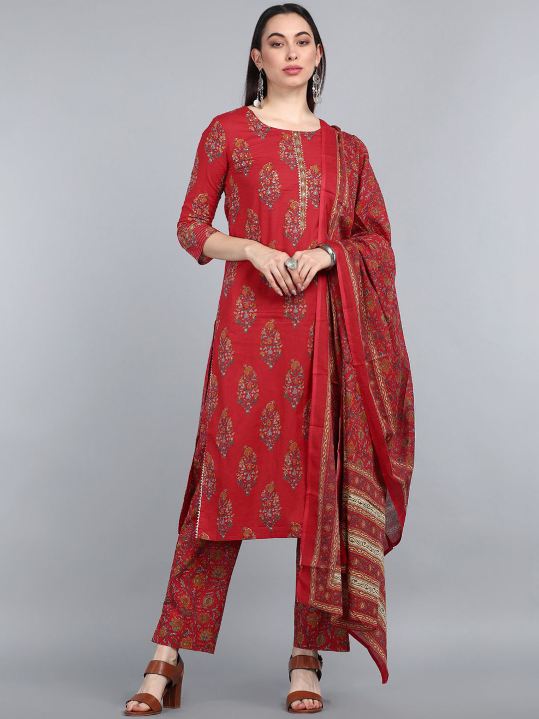 

KALINI Floral Printed Regular Gotta Patti Kurta With Trousers & Dupatta, Red