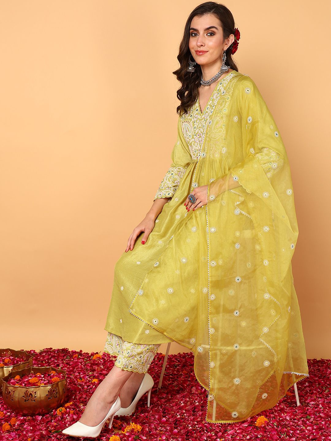 

KALINI Ethnic Motifs Embroidered Pleated Thread Work Kurta with Palazzos & With Dupatta, Yellow