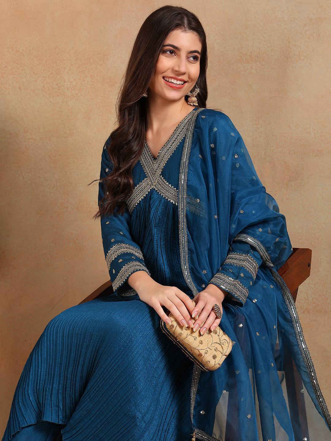

KALINI Ethnic Motifs Embroidered Pleated Kurta with Trousers & Dupatta, Blue