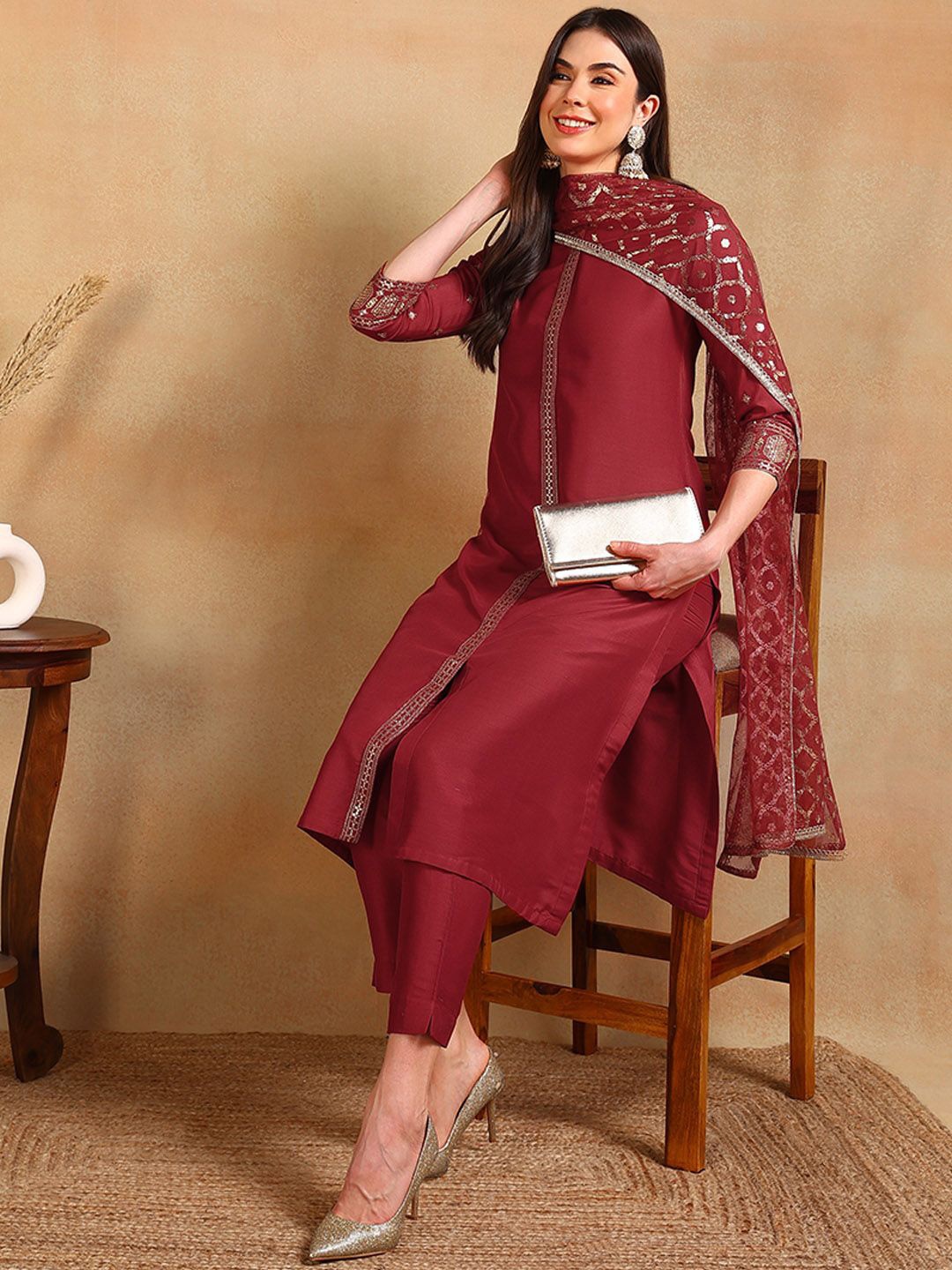 

KALINI Geometric Embroidered Sequinned Straight Kurta with Trousers & Dupatta, Red