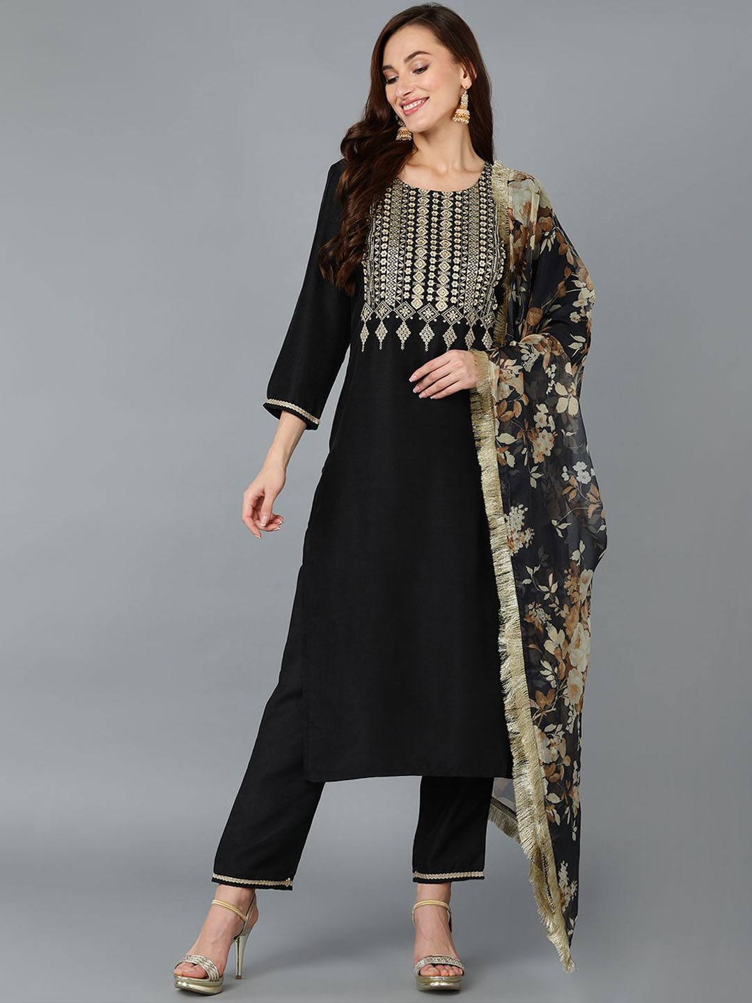 

KALINI Ethnic Motifs Embroidered Regular Kurta with Trousers & Dupatta, Black