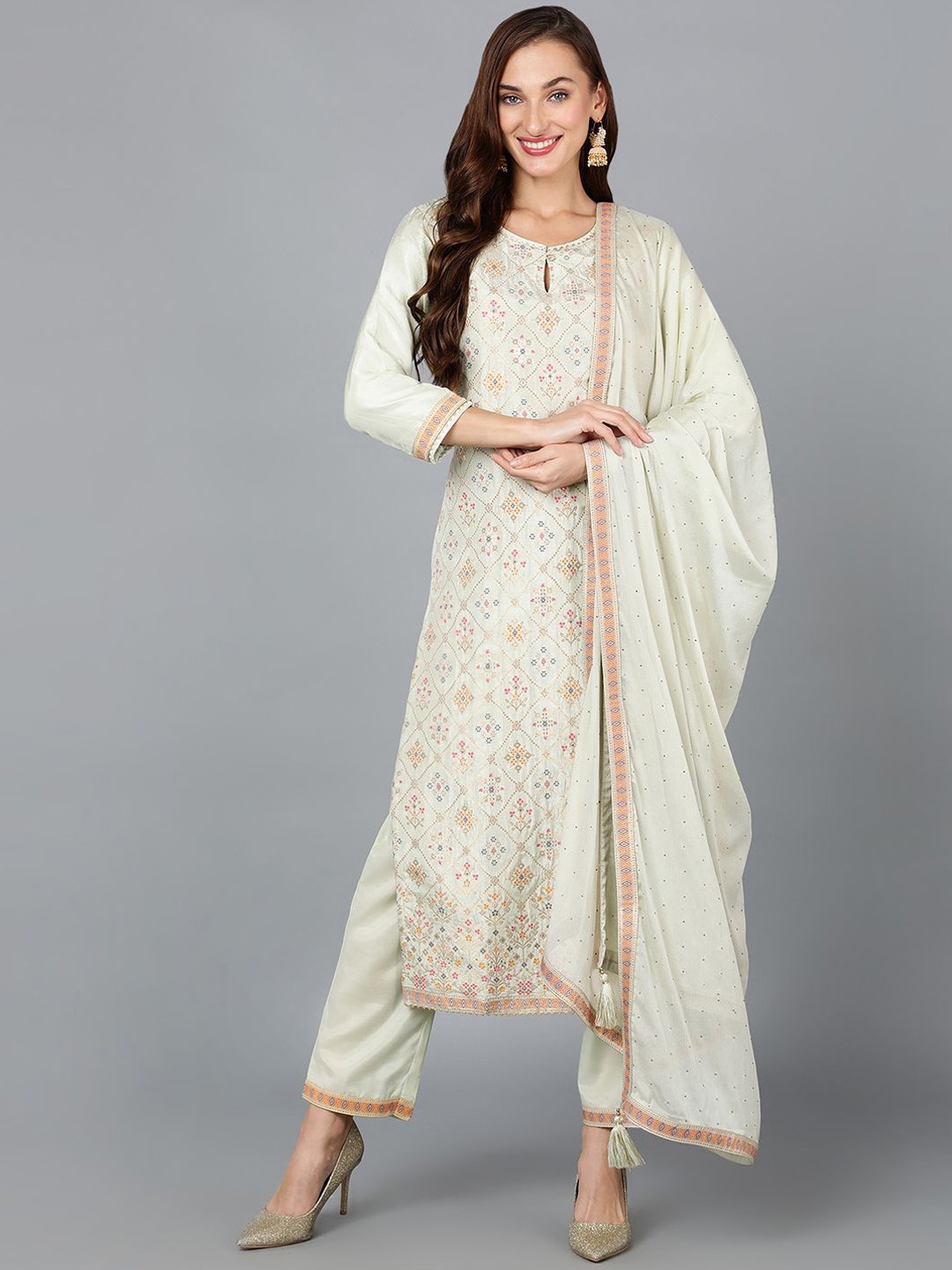 

KALINI Embroidered Regular Gotta Patti Kurta with Trousers & Dupatta, Green