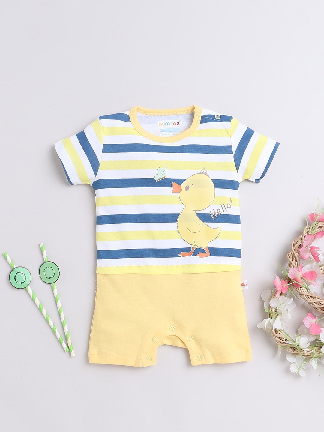 

BUMZEE Infant Boys Striped Pure Cotton Romper, White