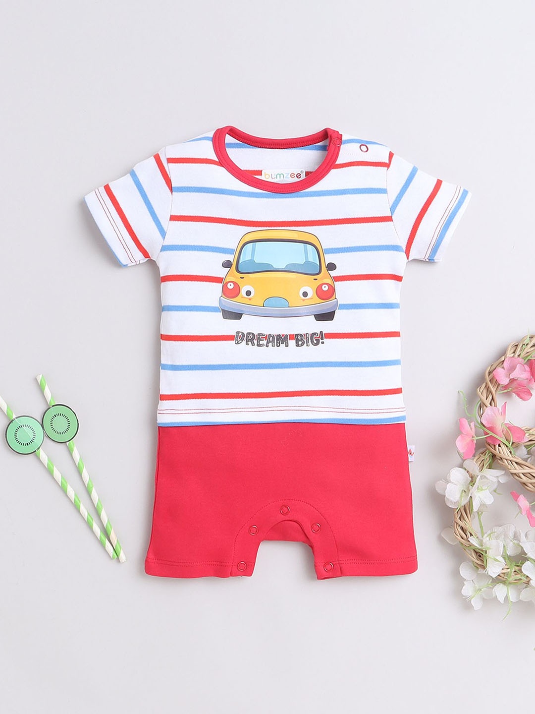 

BUMZEE Infant Boys Printed Cotton Half Sleeve Rompers, White