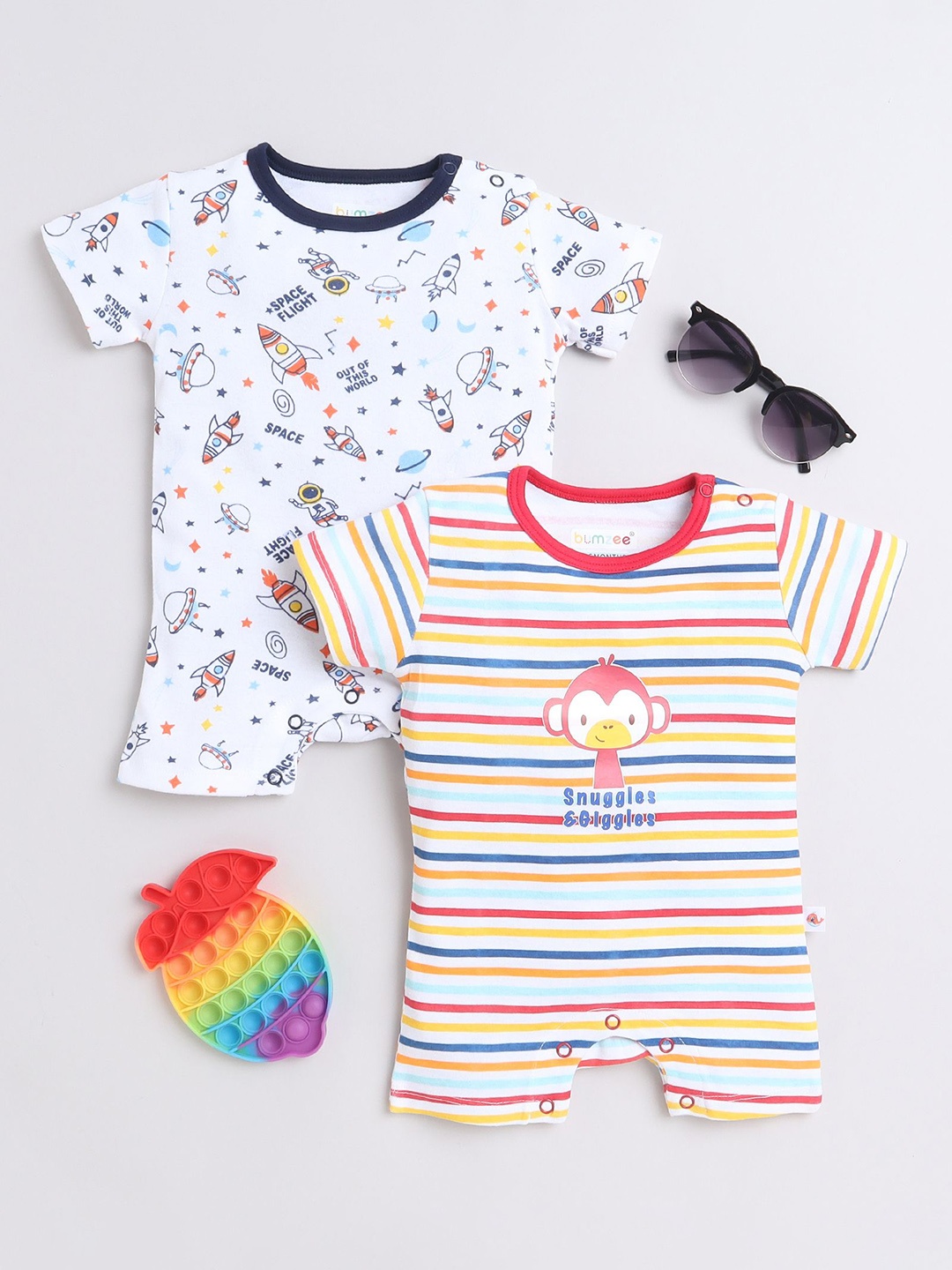 

BUMZEE Infant Boys Pack Of 2 Printed Pure Cotton Rompers, White