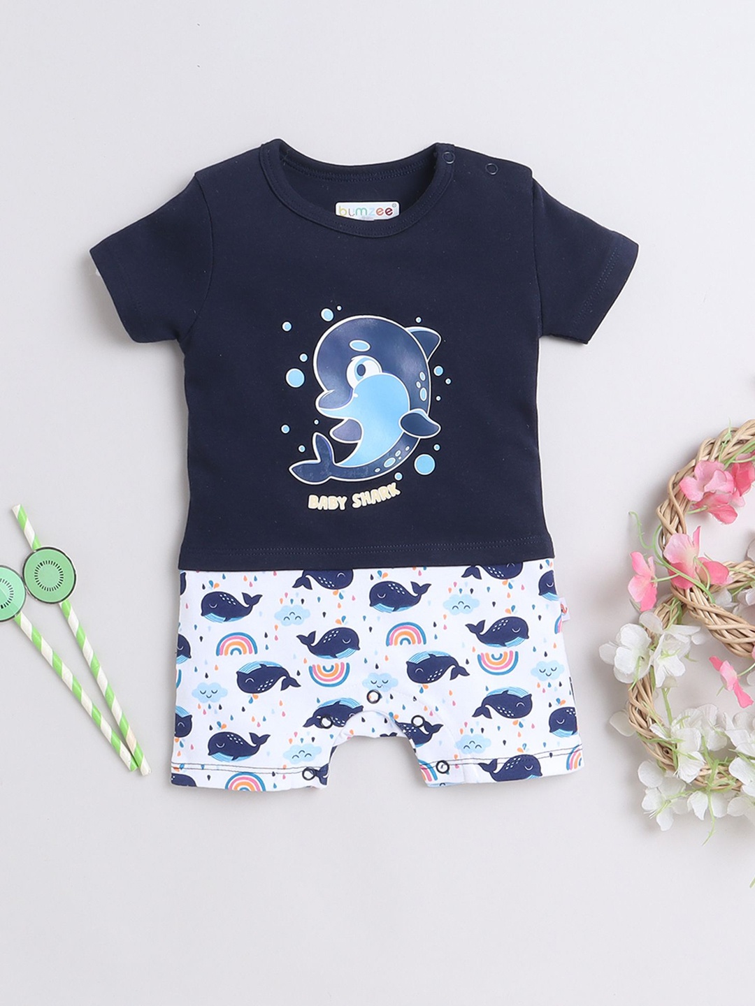 

BUMZEE Infant Boys Printed Cotton Half Sleeve Rompers, Navy blue